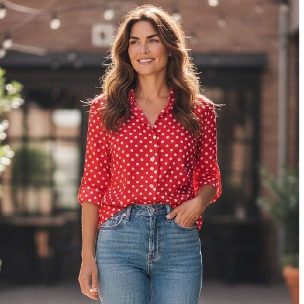 Vintage Talbots 100% Linen Red White Polka Dot Button Down Shirt Blouse Size 14